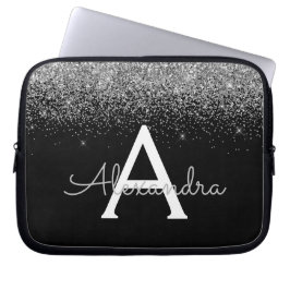 Silver Black Glitter Glam Chic Monogram Laptop Sleeve