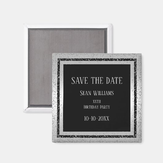 Silver & Black Glitter ingelijst Man Save The Date Magneet (Voorkant / Achterkant)