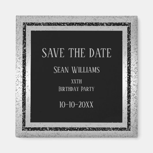 Silver & Black Glitter ingelijst Man Save The Date Magneet (Voorkant)