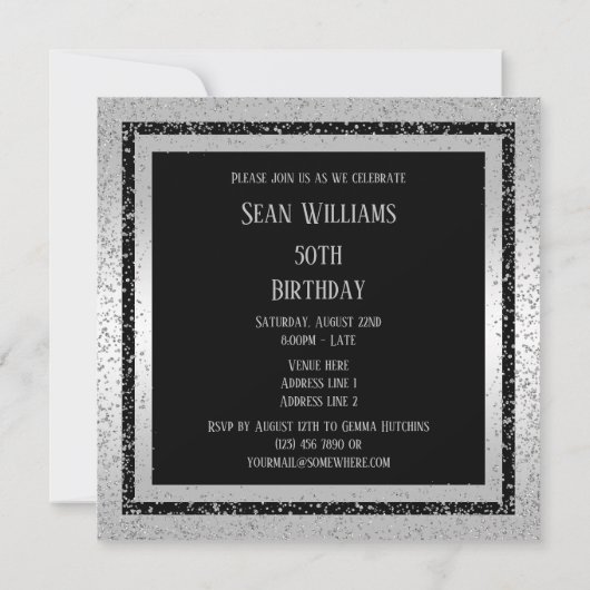 Silver & Black Glitter Ingelijste Man 50ste verjaa Kaart (Achterkant)