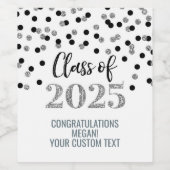 Silver Black Glitter Klasse van 2025 Afstuderen Wijn Etiket (Enkel label)