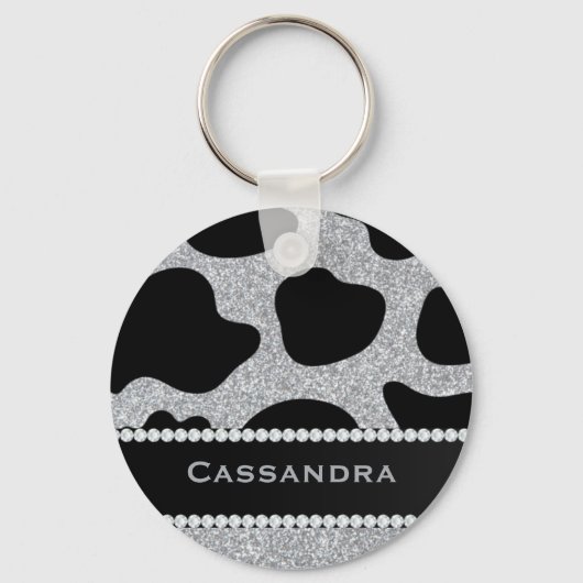 Silver & Black Glitter Koe Print Diamonds Sleutelhanger (Voorkant)