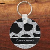 Silver & Black Glitter Koe Print Diamonds Sleutelhanger (Voorkant)