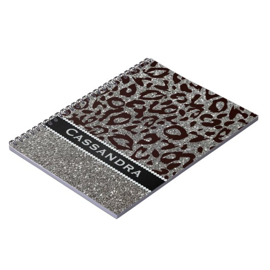 Silver & Black Glitter Leopard Print Diamonds Naam Notitieboek (Linkerzijde)
