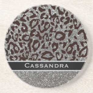 Silver & Black Glitter Leopard Print Diamonds Naam Zandsteen Onderzetter