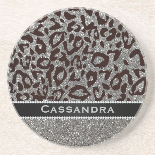 Silver & Black Glitter Leopard Print Diamonds Naam Zandsteen Onderzetter (Voorkant)