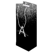 Silver Black Glitter Luxe Monogram Wijn Cadeautas (Achterkant Gekanteld)