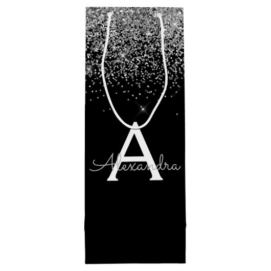 Silver Black Glitter Luxe Monogram Wijn Cadeautas (Achterkant)