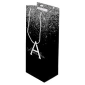 Silver Black Glitter Luxe Monogram Wijn Cadeautas (Voorkant Gekanteld)