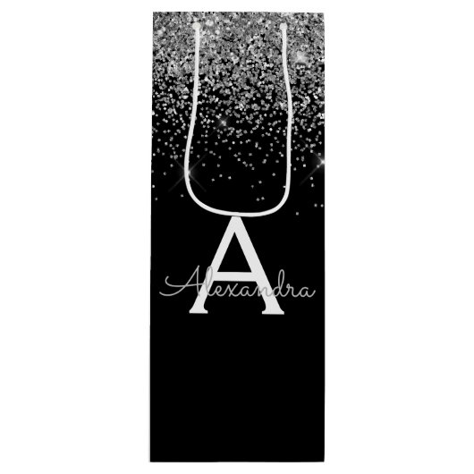 Silver Black Glitter Luxe Monogram Wijn Cadeautas (Voorkant)