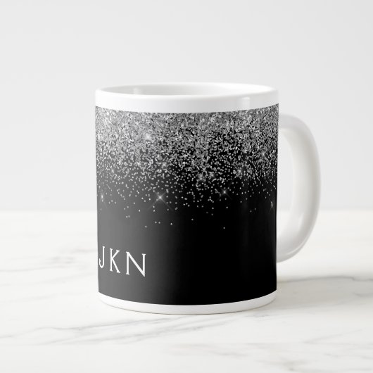 Silver Black Glitter Modern Monogram Naam Grote Koffiekop (Voorkant rechts)