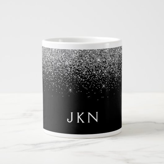 Silver Black Glitter Modern Monogram Naam Grote Koffiekop (Voorkant)