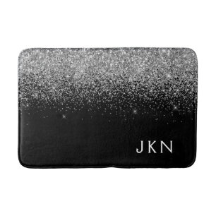 Silver Black Glitter Monogram Girly Name Initialen Badmat