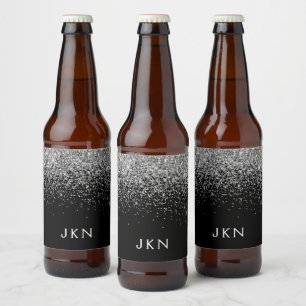 Silver Black Glitter Monogram Girly Name Initialen Bier Etiket