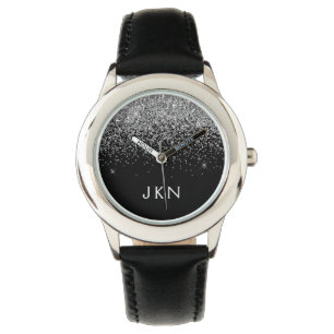 Silver Black Glitter Monogram Girly Name Initialen Horloge