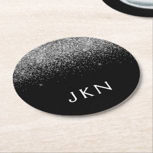 Silver Black Glitter Monogram Girly Name Initialen Ronde Kartonnen Onderzetter