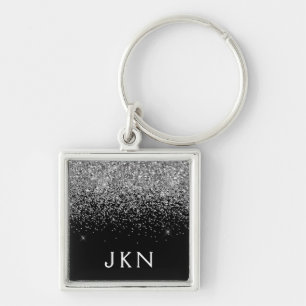 Silver Black Glitter Monogram Girly Name Initialen Sleutelhanger