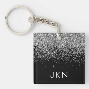 Silver Black Glitter Monogram Girly Name Initialen Sleutelhanger