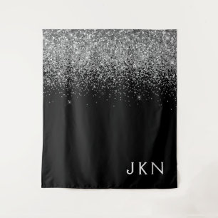 Silver Black Glitter Monogram Girly Name Initialen Wandkleed