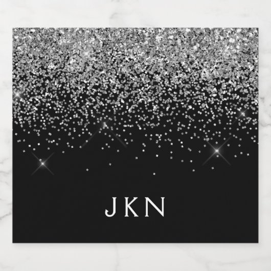 Silver Black Glitter Monogram Girly Name Initials Bier Etiket (Enkel label)
