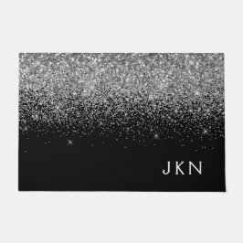 Silver Black Glitter Monogram Girly Name Initials Deurmat