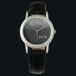Silver Black Glitter Monogram Girly Name Initials Horloge<br><div class="desc">Zwart en Zilver Sparkle Glitter Monogram Naam Horloge. Dit maakt het perfecte afstuderen,  verjaardagscadeau,  bruiloft,  vrijgezellenfeest,  jubileum,  baby shower of vrijgezellenfeest cadeau voor iemand die houdt van glamoureuze en chique stijlen.</div>