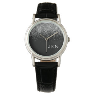 Silver Black Glitter Monogram Girly Name Initials Horloge