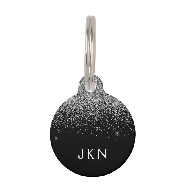 Silver Black Glitter Monogram Girly Name Initials Huisdierpenning (Voorkant)