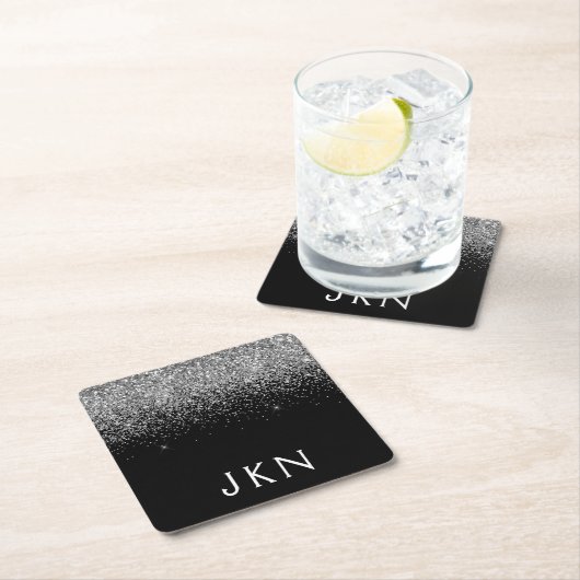 Silver Black Glitter Monogram Girly Name Initials Kartonnen Onderzetters (Insitu)