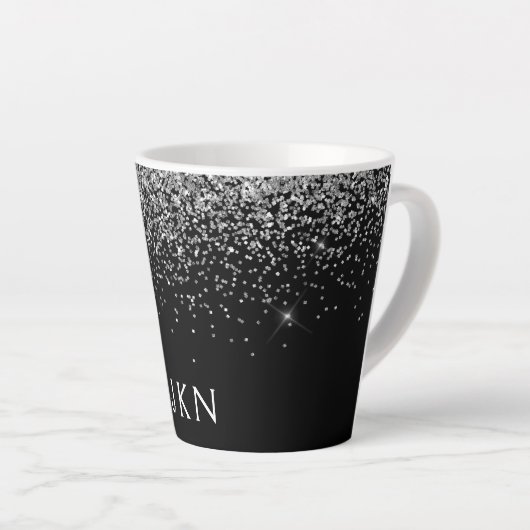 Silver Black Glitter Monogram Girly Name Initials Latte Mok (Rechterhoek)