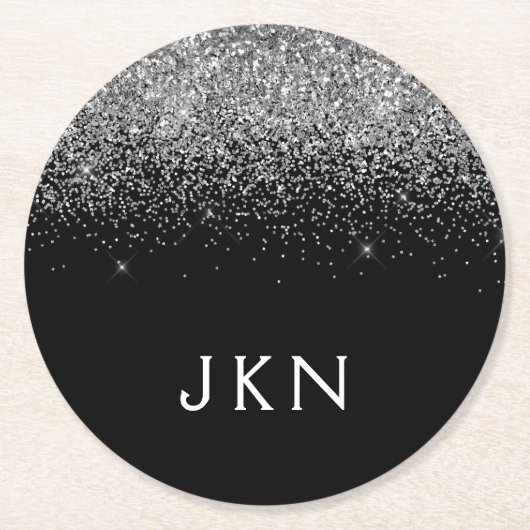 Silver Black Glitter Monogram Girly Name Initials Ronde Kartonnen Onderzetter (Voorkant)