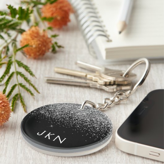 Silver Black Glitter Monogram Girly Name Initials Sleutelhanger (Voorkant Rechts)