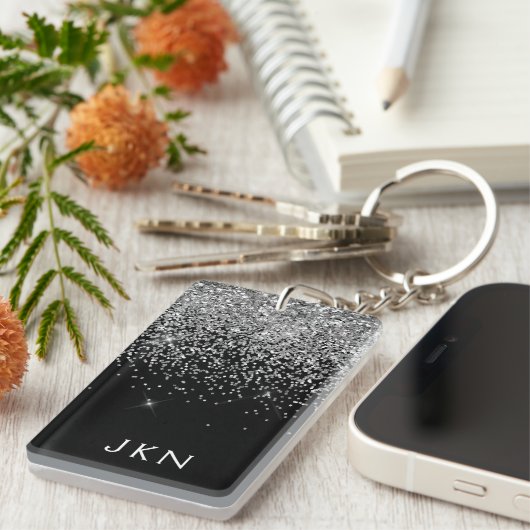 Silver Black Glitter Monogram Girly Name Initials Sleutelhanger (Voorkant Rechts)