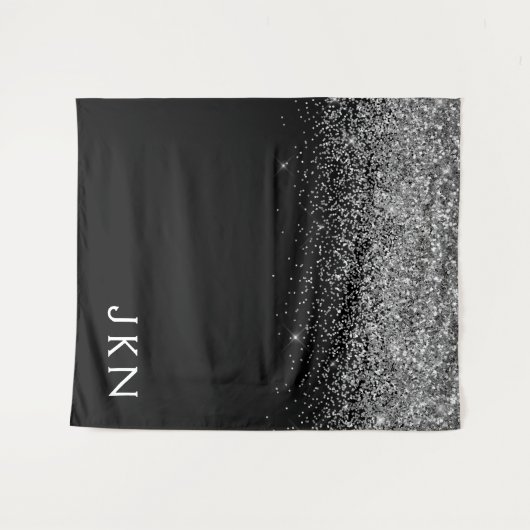 Silver Black Glitter Monogram Girly Name Initials Wandkleed (Voorkant (horizontaal))