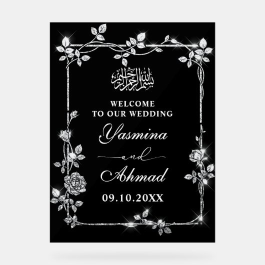Silver Black Glitter Nikah Muslim Wedding Welkom Acryl Bord (Voorkant)