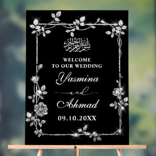 Silver Black Glitter Nikah Muslim Wedding Welkom Acryl Bord