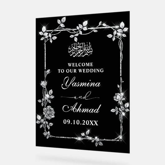 Silver Black Glitter Nikah Muslim Wedding Welkom Acryl Bord (Hoek)