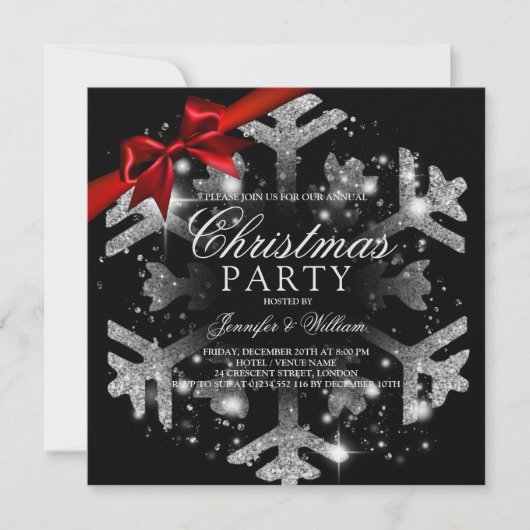 Silver Black Glitter & Ribbon | Kerstfeestdag Kaart (Voorkant)