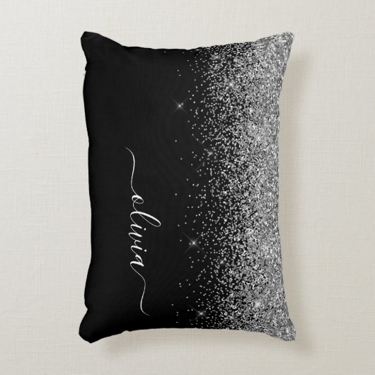 Silver Black Glitter Script Monogram Girly Name Accent Kussen (Voorkant(Verticaal))