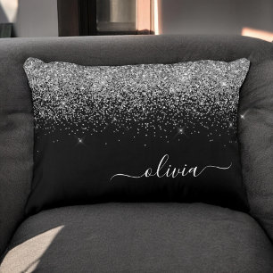 Silver Black Glitter Script Monogram Girly Name Accent Kussen