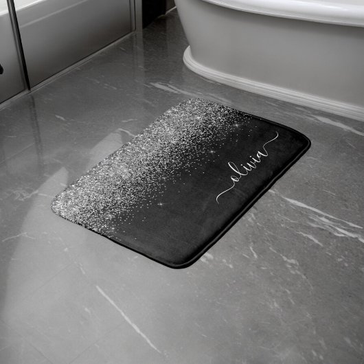 Silver Black Glitter Script Monogram Girly Name Badmat