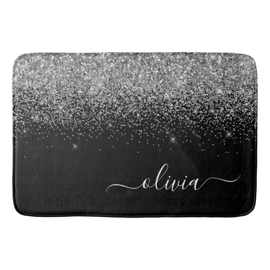 Silver Black Glitter Script Monogram Girly Name Badmat (Voorkant)