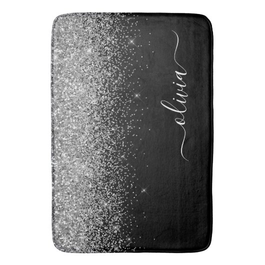 Silver Black Glitter Script Monogram Girly Name Badmat (Voorkant Verticaal)