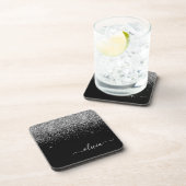 Silver Black Glitter Script Monogram Girly Name Bier Onderzetter (Rechterzijde)