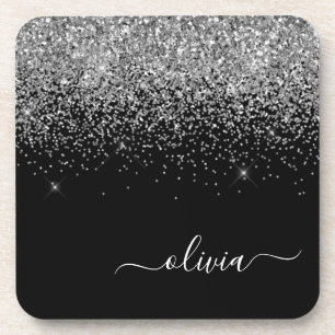 Silver Black Glitter Script Monogram Girly Name Bier Onderzetter