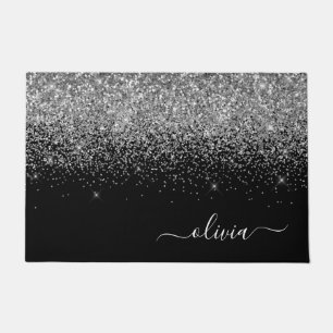 Silver Black Glitter Script Monogram Girly Name Deurmat