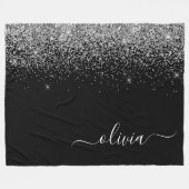 Silver Black Glitter Script Monogram Girly Name Fleece Deken (Voorkant (Horizontaal))