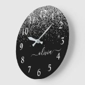 Silver Black Glitter Script Monogram Girly Name Grote Klok (Hoek)