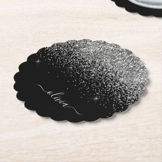 Silver Black Glitter Script Monogram Girly Name Kartonnen Onderzetters (Gekanteld)