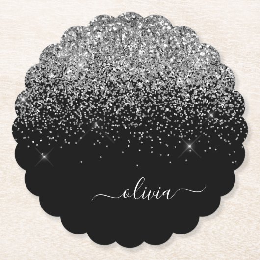 Silver Black Glitter Script Monogram Girly Name Kartonnen Onderzetters (Voorkant)